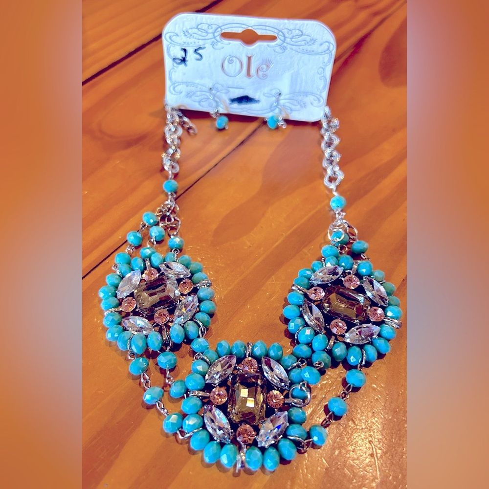 New Rodeo Southwestern Silver Turquoise & Rhinestone Statement Necklace Earrings